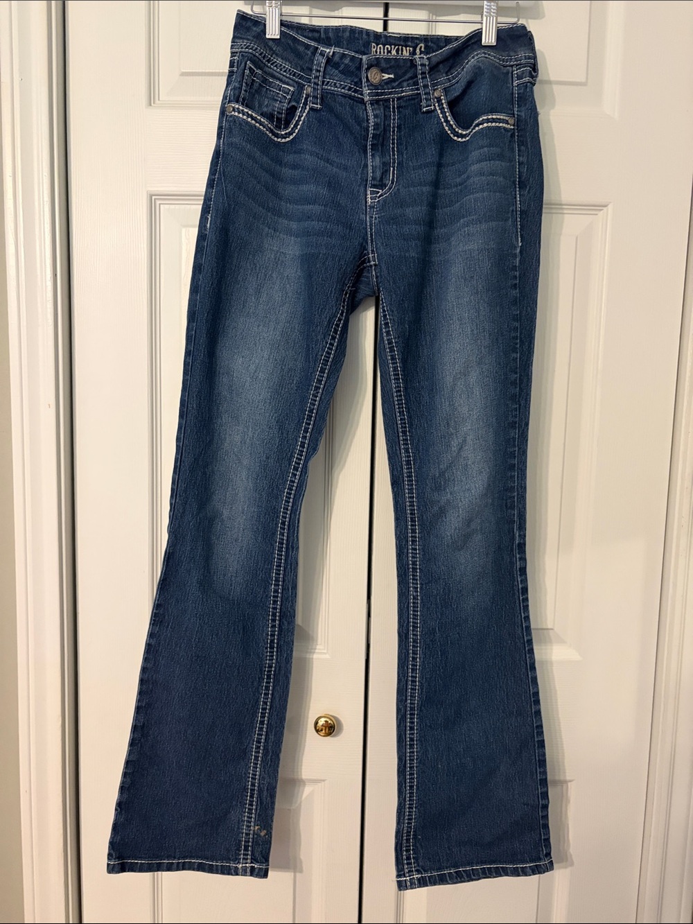 Rockin’C Jeans Women's Dark Indigo Flare Super Embellished Pockets Size 29X31